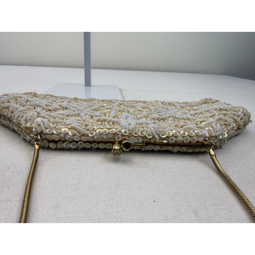 Vintage White Beaded Sequin Evening Bag Handmade in Hong Kong Bridal Glam Prom - Picture 9 of 13